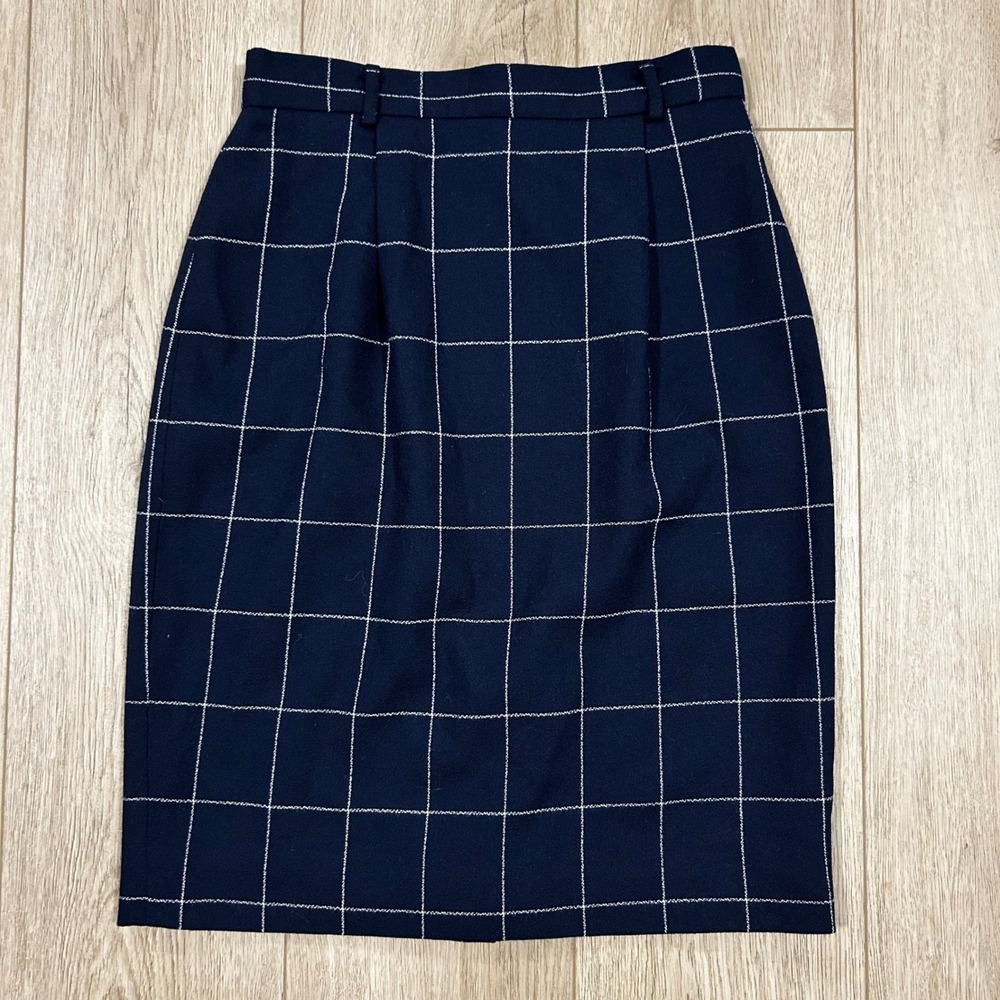 JH Collectibles Petites Navy Blue Windowpane Plaid 100% Wool Pencil Skirt 10P